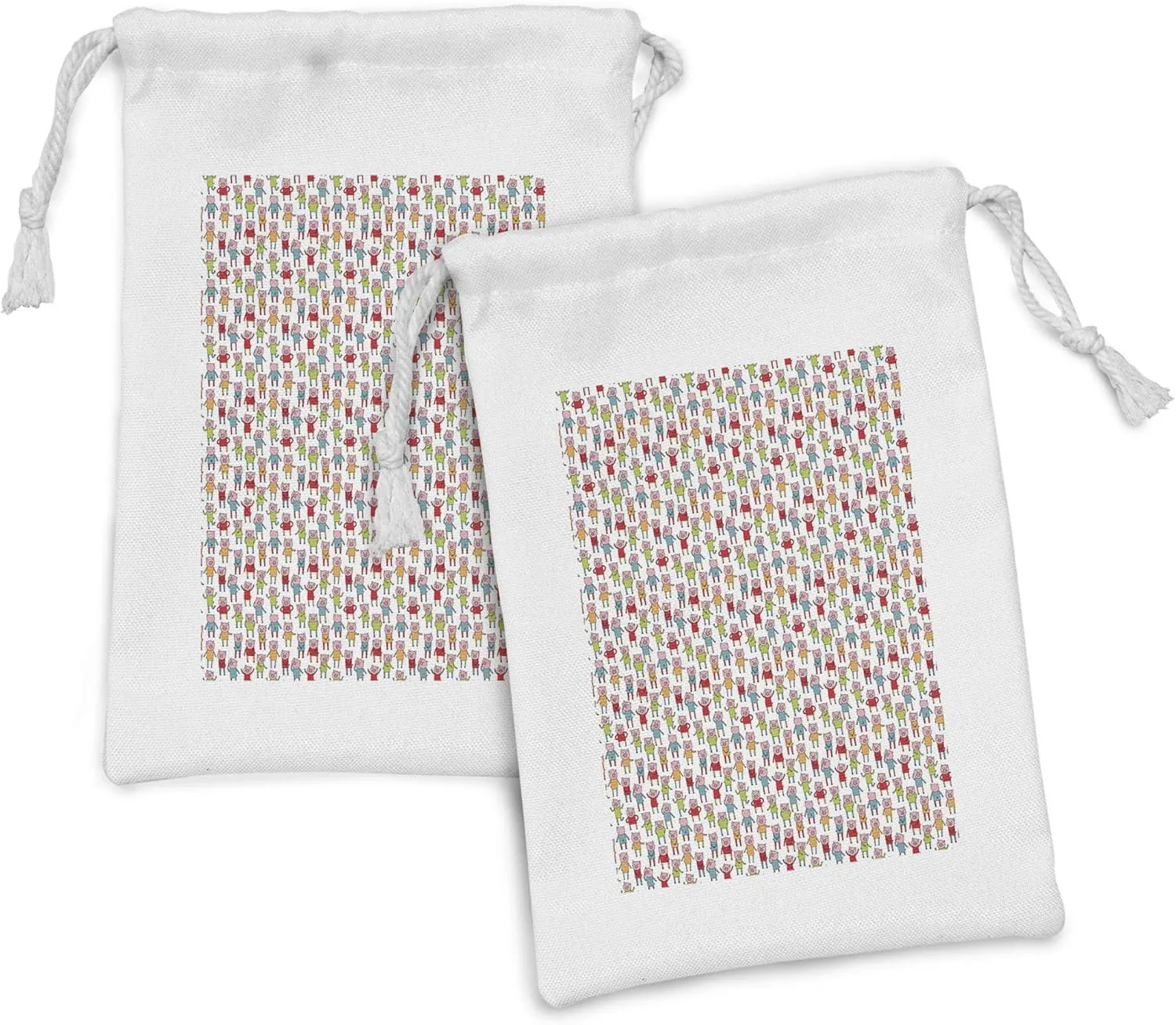 Ambesonne Pig Fabric Pouch Set of 2, Whimsical Cartoon Style Interpretation of Piglet in Colorful Clothes, Small Drawstring Bag for Toiletries Masks and Favors, 9" x 6", Pale Pink and Multicolor
