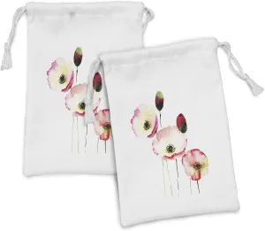 Ambesonne Poppy Flower Fabric Pouch Set of 2, Different Sized Poppys Revival Growing Widely Known Eternal Life Sign, Small Drawstring Bag for Toiletries Masks and Favors, 9" x 6", Pink Red