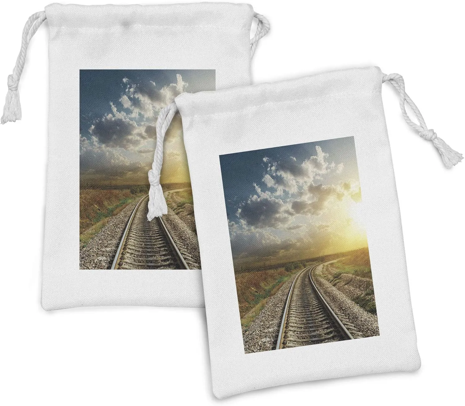 Ambesonne Train Track Fabric Pouch Set of 2, Railroad Goes to Horizon in Sunset Country Rural Themed Dramatic Sky Photo, Small Drawstring Bag for Toiletries Masks and Favors, 9" x 6", Multicolor