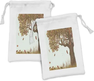 Ambesonne Tree of Life Fabric Pouch Set of 2, Autumn Season Fall Shady Deciduous Oak Leaves in Park Countryside Artwork, Small Drawstring Bag for Toiletries Masks and Favors, 9" x 6", Umber Redwood