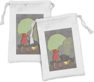 Ambesonne Umbrella Girl Fabric Pouch Set of 2, Interpretation of a Lady Walking with a Dog Under Rainy Weather, Small Drawstring Bag for Toiletries Masks and Favors, 9" x 6", Pale Green Multicolor