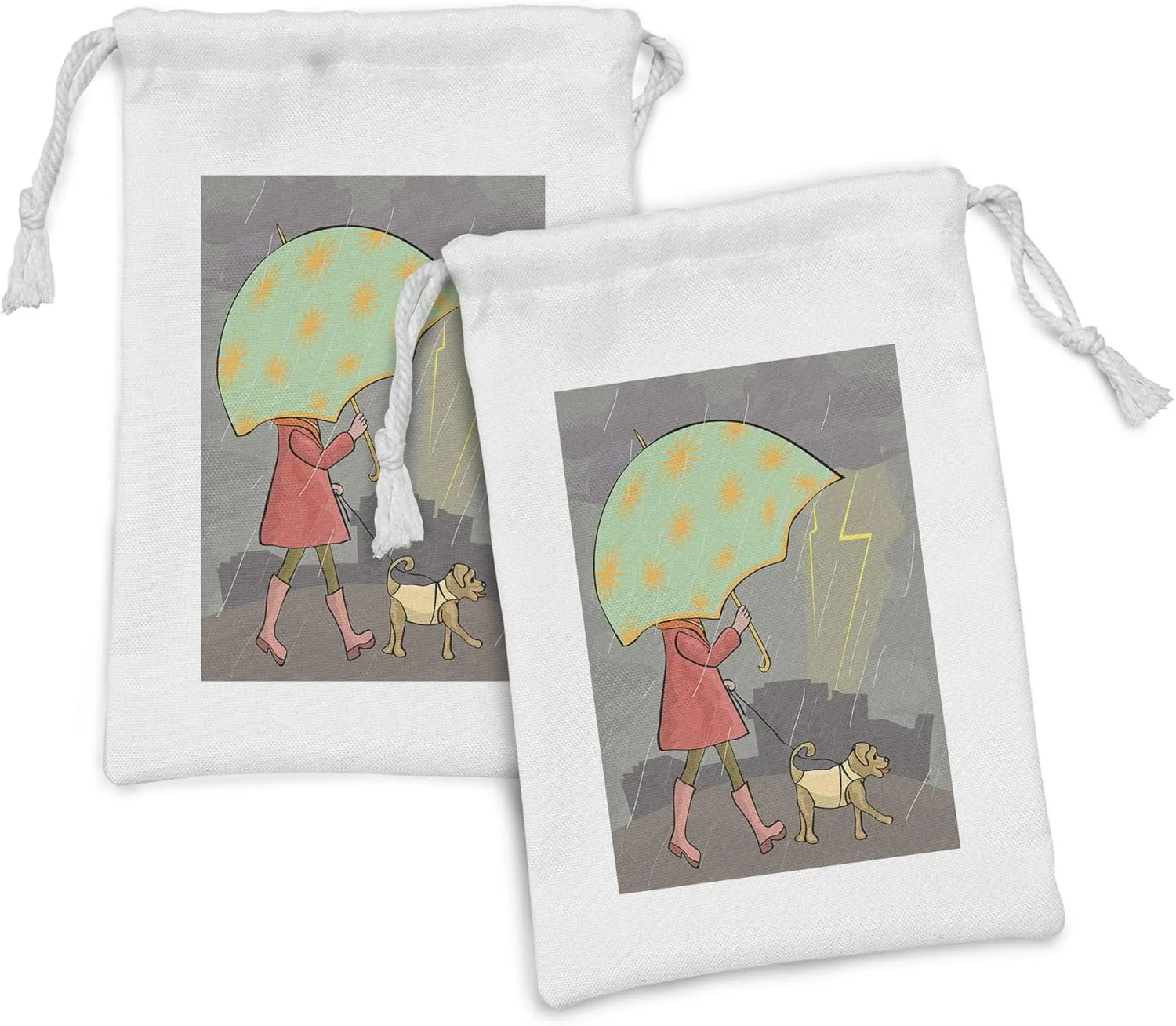 Ambesonne Umbrella Girl Fabric Pouch Set of 2, Interpretation of a Lady Walking with a Dog Under Rainy Weather, Small Drawstring Bag for Toiletries Masks and Favors, 9" x 6", Pale Green Multicolor