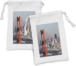 Ambesonne United States Fabric Pouch Set of 2, San Francisco Bridge and Cityscape Metropolis Financial District, Small Drawstring Bag for Toiletries Masks and Favors, 9" x 6", Pale Blue Orange White