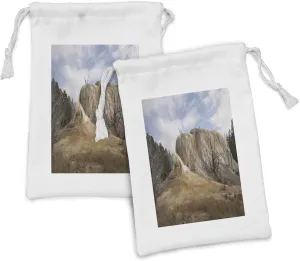 Ambesonne Yellowstone Fabric Pouch Set of 2, Big Rock in Orange Spring Mound Yellowstone Forest Cloudy Sky Scenery Nature, Small Drawstring Bag for Toiletries Masks and Favors, 9" x 6", Beige Blue