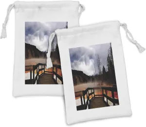 Ambesonne Yellowstone Fabric Pouch Set of 2, Moody Cloudy Sky over Hot Steamy Spring and Mountain in Yellowstone Scenery, Small Drawstring Bag for Toiletries Masks and Favors, 9" x 6", Orange Brown