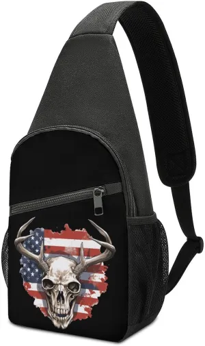 American Flag Skull Deer Small Sling Bag Crossbody Bags Casual Chest Bag Daypack for Travel Sports Hiking