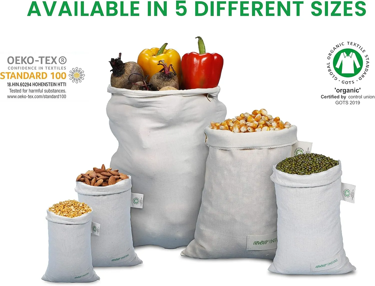 AMOUR INFINI Reusable Organic Cotton Grocery Bags |Biodegradable,Food Safe,Washable Produce Bags with Tare Weight & Drawstrings|Set of 3 (Large) Muslin Bags for Shopping, Vegetables & Fruits Storage