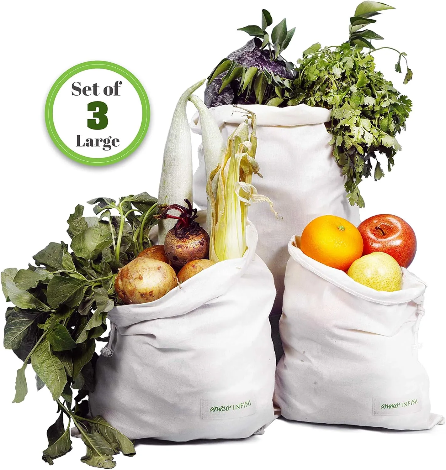 AMOUR INFINI Reusable Organic Cotton Grocery Bags |Biodegradable,Food Safe,Washable Produce Bags with Tare Weight & Drawstrings|Set of 3 (Large) Muslin Bags for Shopping, Vegetables & Fruits Storage
