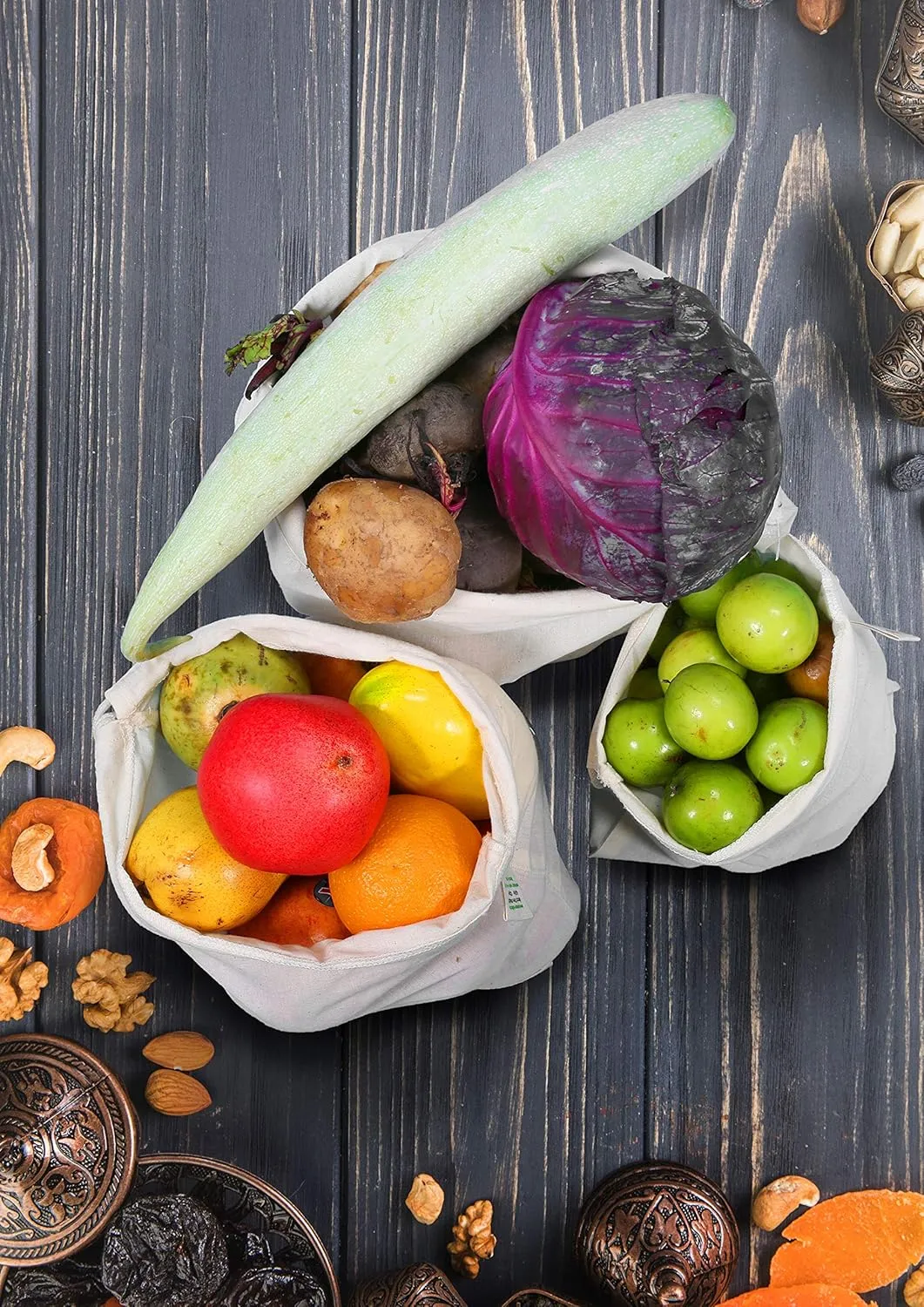 AMOUR INFINI Reusable Organic Cotton Grocery Bags |Biodegradable,Food Safe,Washable Produce Bags with Tare Weight & Drawstrings|Set of 3 (Large) Muslin Bags for Shopping, Vegetables & Fruits Storage