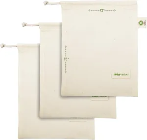 AMOUR INFINI Reusable Organic Cotton Grocery Bags |Biodegradable,Food Safe,Washable Produce Bags with Tare Weight & Drawstrings|Set of 3 (Large) Muslin Bags for Shopping, Vegetables & Fruits Storage