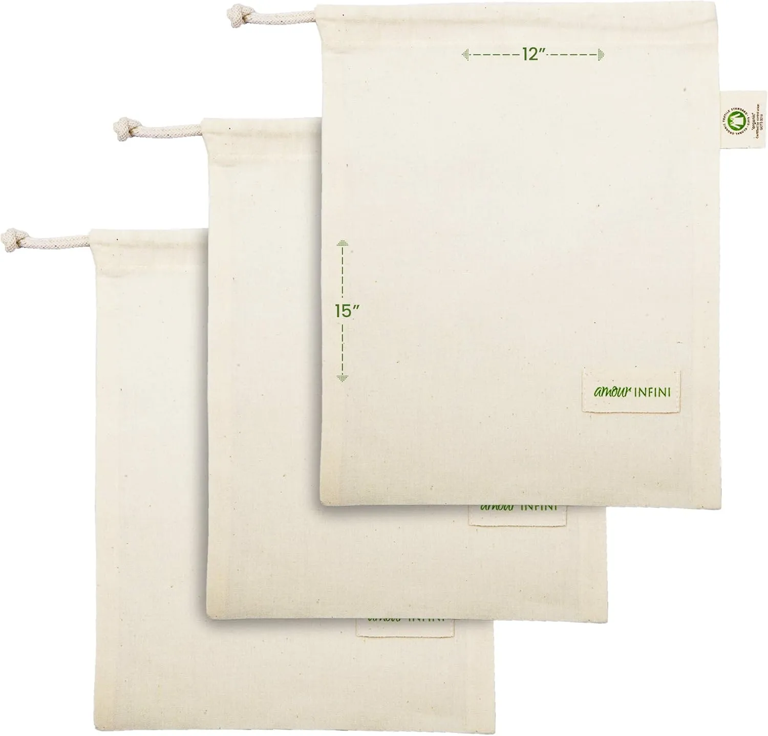 AMOUR INFINI Reusable Organic Cotton Grocery Bags |Biodegradable,Food Safe,Washable Produce Bags with Tare Weight & Drawstrings|Set of 3 (Large) Muslin Bags for Shopping, Vegetables & Fruits Storage