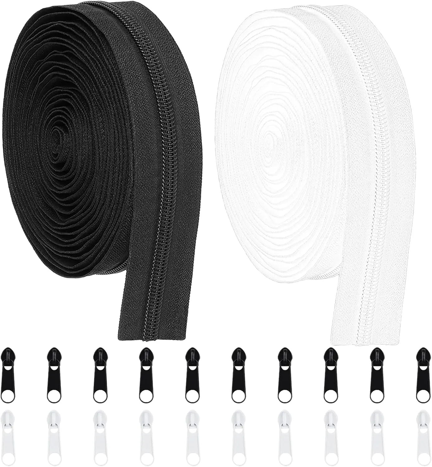 Amtvuzy 10 Yards 360 in Bulk Zippers for Sewing,#5 Nylon Coil Zippers by The Yard,20PCS Replacement Zipper Sliders for DIY Sewing,Tailoring,Clothes and Bags - Black & White (5 Yards Each)