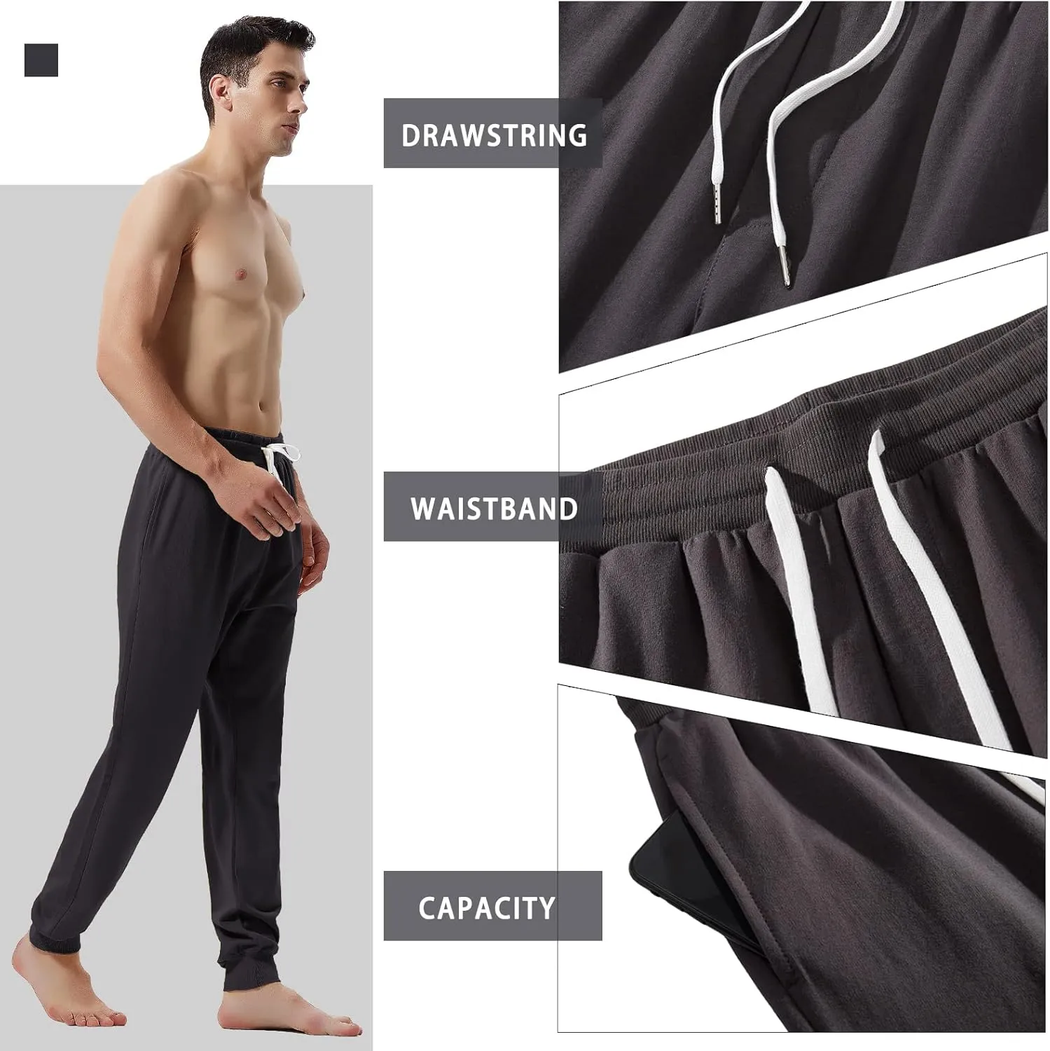 AMY COULEE Men's Casual Joggers Cotton Sweatpants Workout Athletic Pants with Pockets Drawstring Gym Running Pants