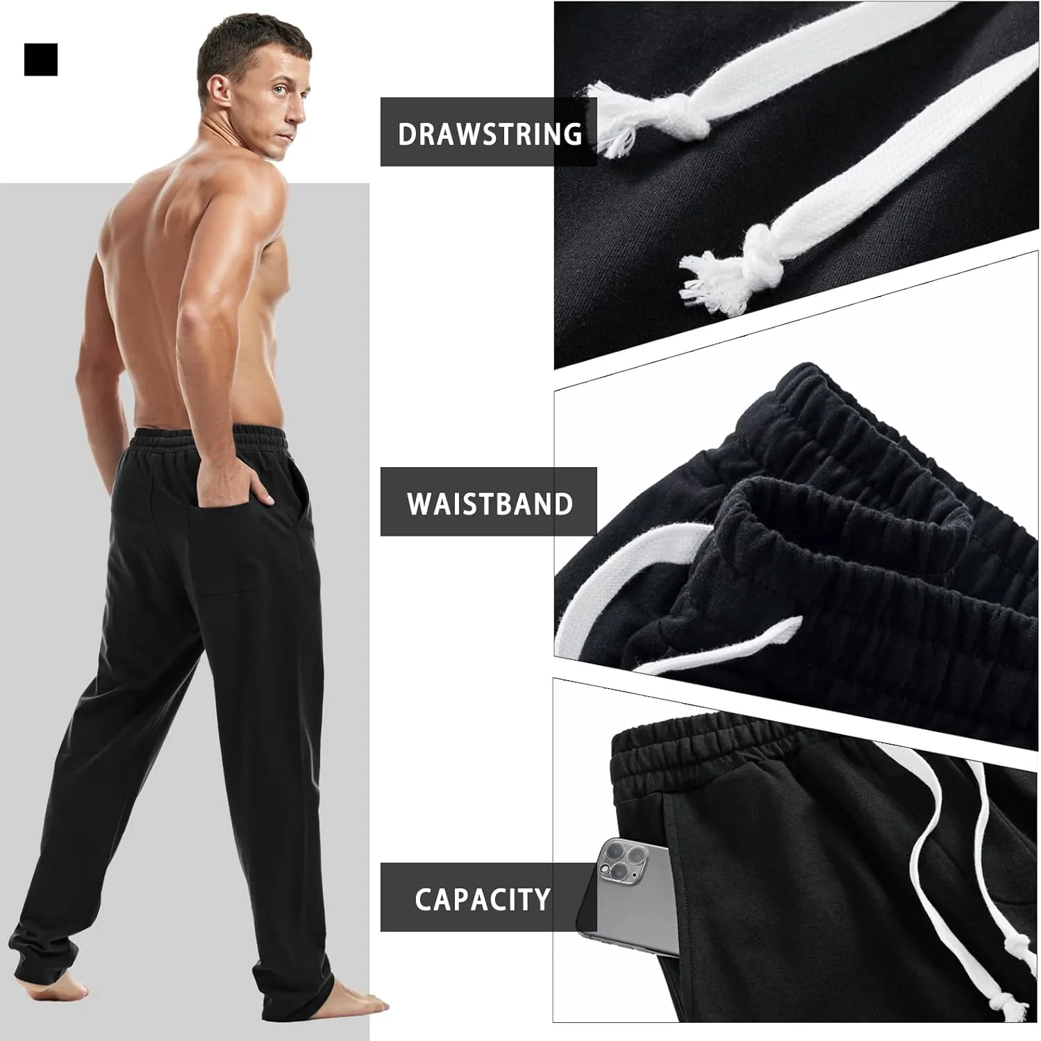 AMY COULEE Mens Cotton Athletic Pants Open Bottom Running Sweatpants Straight Leg Casual Joggers with Pockets