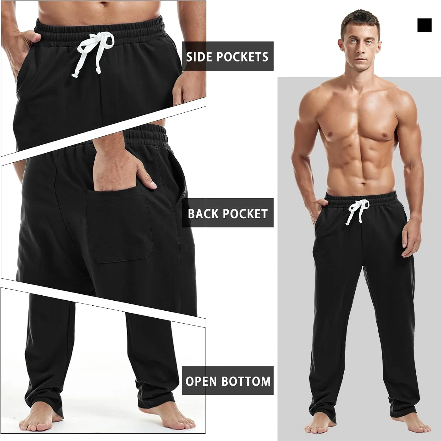 AMY COULEE Mens Cotton Athletic Pants Open Bottom Running Sweatpants Straight Leg Casual Joggers with Pockets
