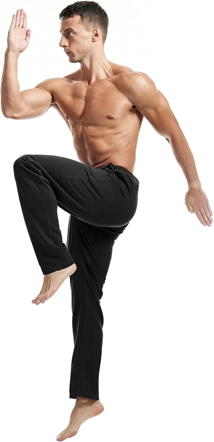 AMY COULEE Mens Cotton Athletic Pants Open Bottom Running Sweatpants Straight Leg Casual Joggers with Pockets