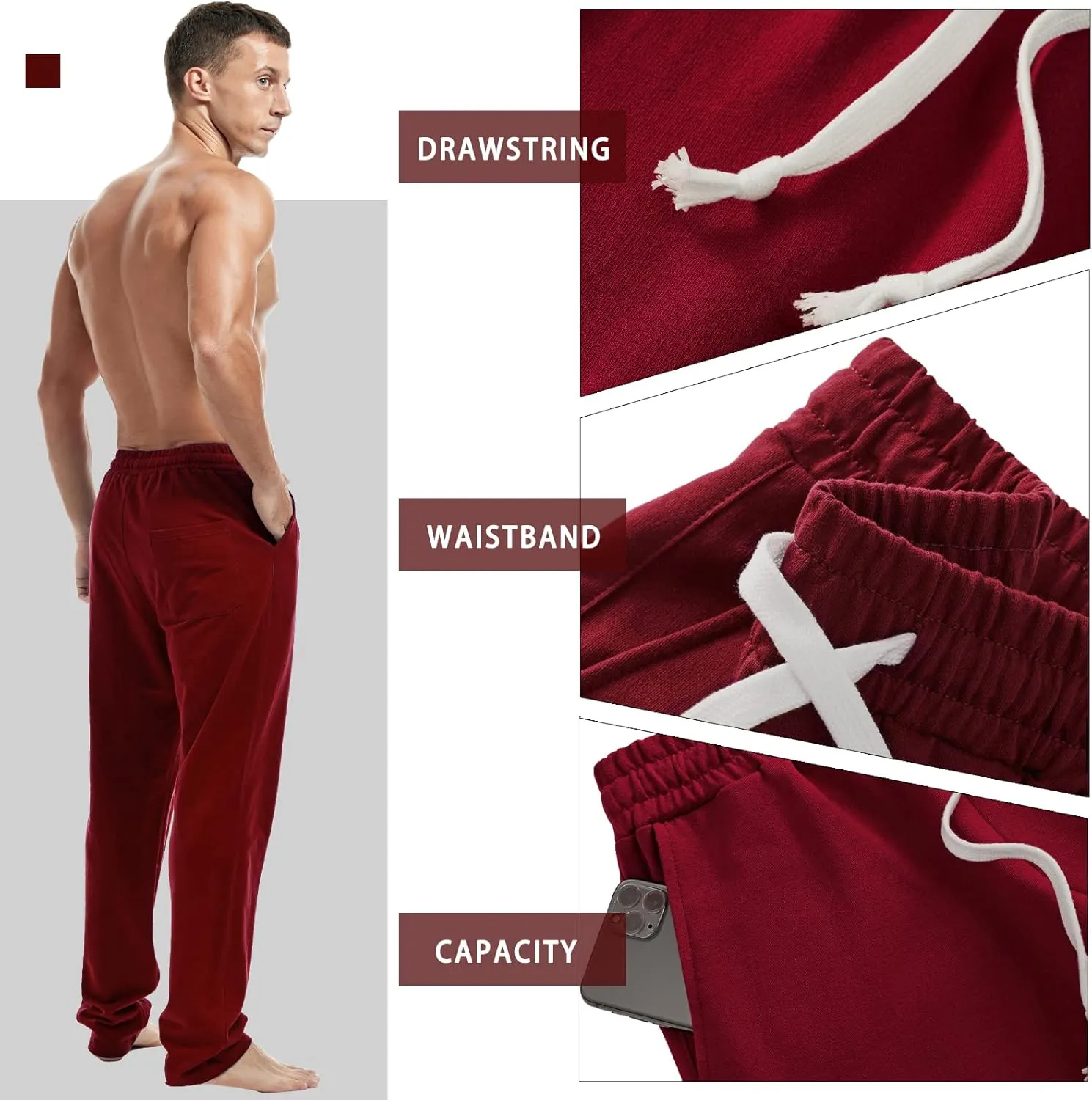 AMY COULEE Mens Cotton Athletic Pants Open Bottom Running Sweatpants Straight Leg Casual Joggers with Pockets