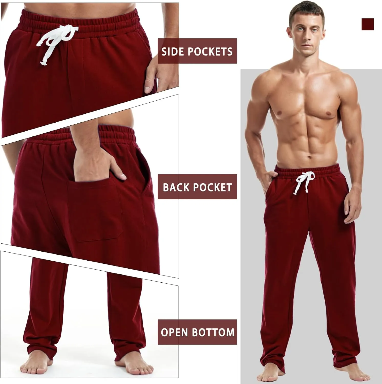 AMY COULEE Mens Cotton Athletic Pants Open Bottom Running Sweatpants Straight Leg Casual Joggers with Pockets