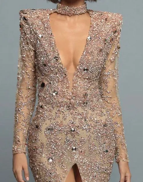 ANASTASIA BEADED GOWN WITH FEATHER TRAIN