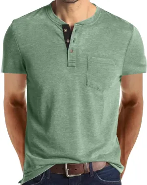 Angbater Men's Henley Shirts Casual Short Sleeve Button Cotton Tee Fashion Classic Tee T-Shirt with Pocket
