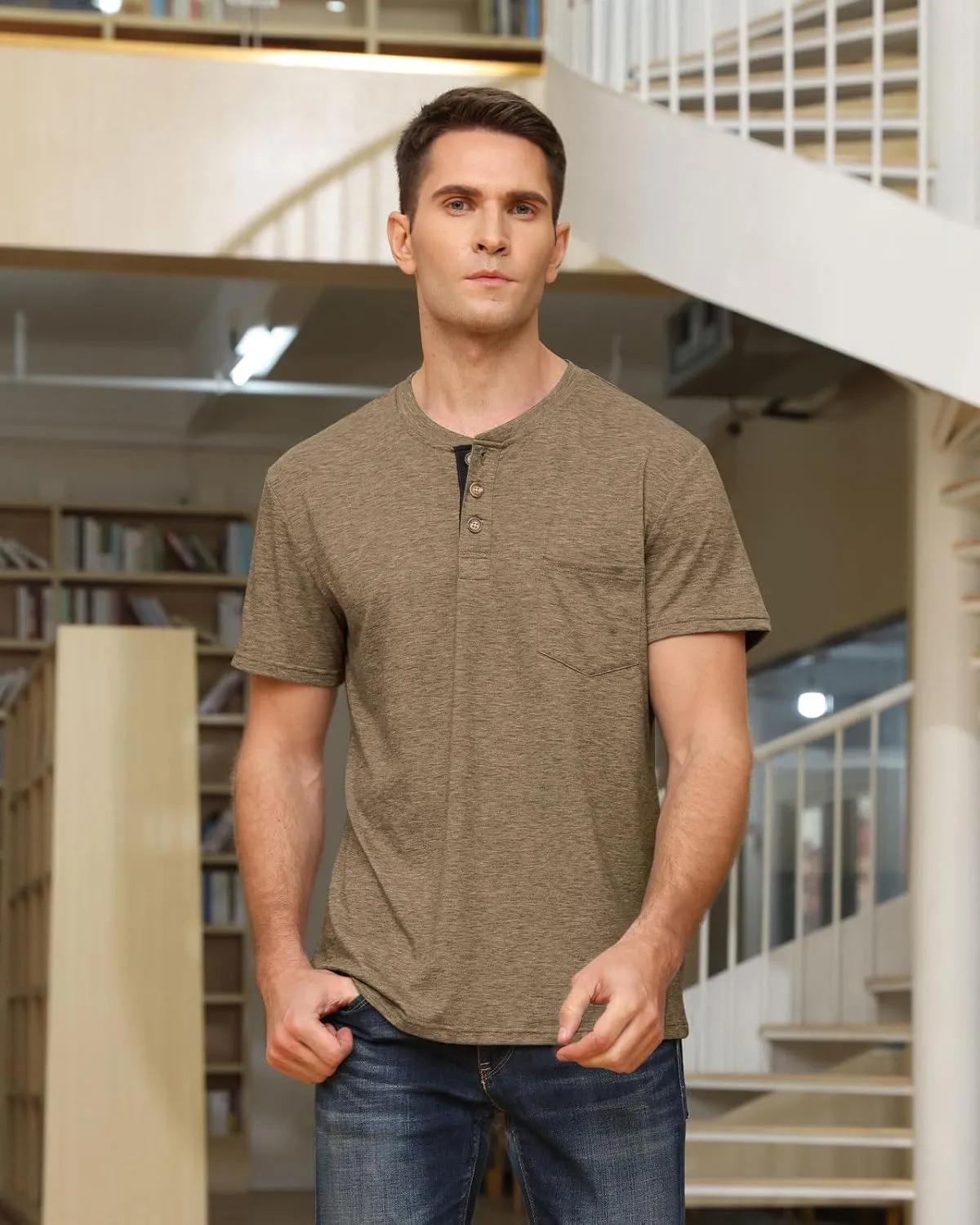 Angbater Men's Henley Shirts Casual Short Sleeve Button Cotton Tee Fashion Classic Tee T-Shirt with Pocket