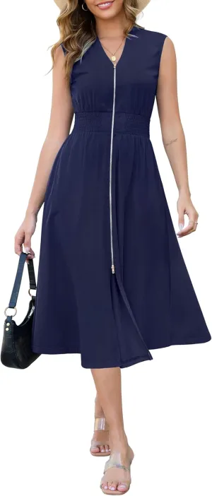 Annebouti Womens 2025 Summer Spring Casual Work Smocked Waist Zipper Front Sleeveless Flowy Midi Dress with Pockets