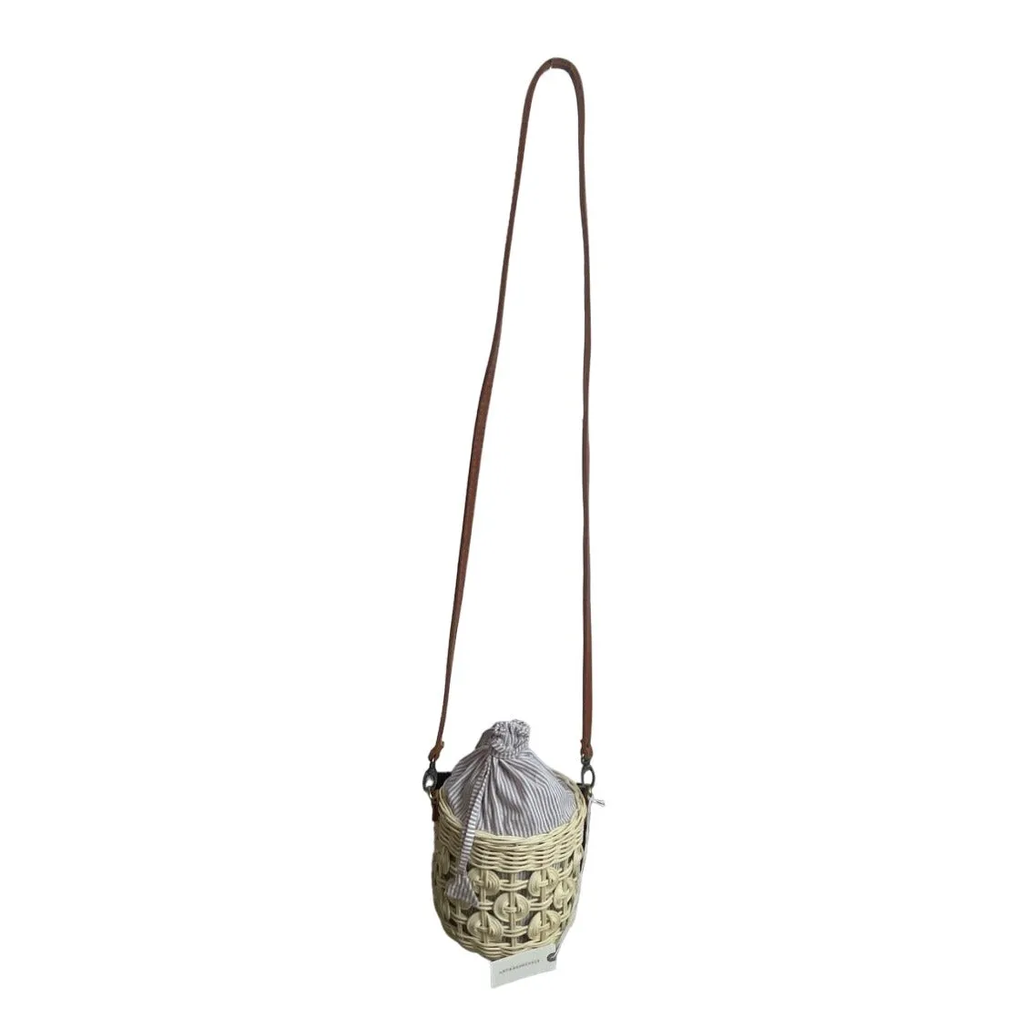 Anthropologie Woven Rattan Crossbody Bag With Striped Cotton Lining & Faux Leather Strap