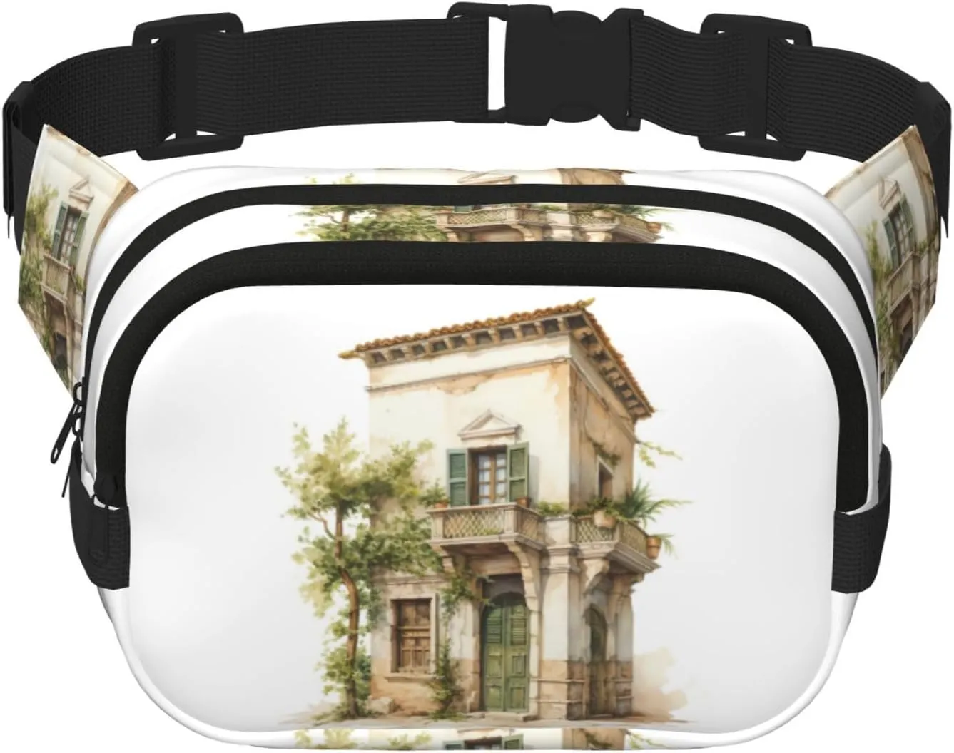 Antique Building with Roman Olive Branch and Greek Print Men and Women Square Double Layer Waist Bag Workout Crossbody Travel Waist Bag