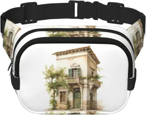 Antique Building with Roman Olive Branch and Greek Print Men and Women Square Double Layer Waist Bag Workout Crossbody Travel Waist Bag