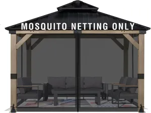 Aoodor Universal 10x10 ft Gazebo Mosquito Netting, Replacement 4-Panel Sidewalls with Double Zippers for Patio, Backyard, Deck, and Lawn (Netting Only, Black)