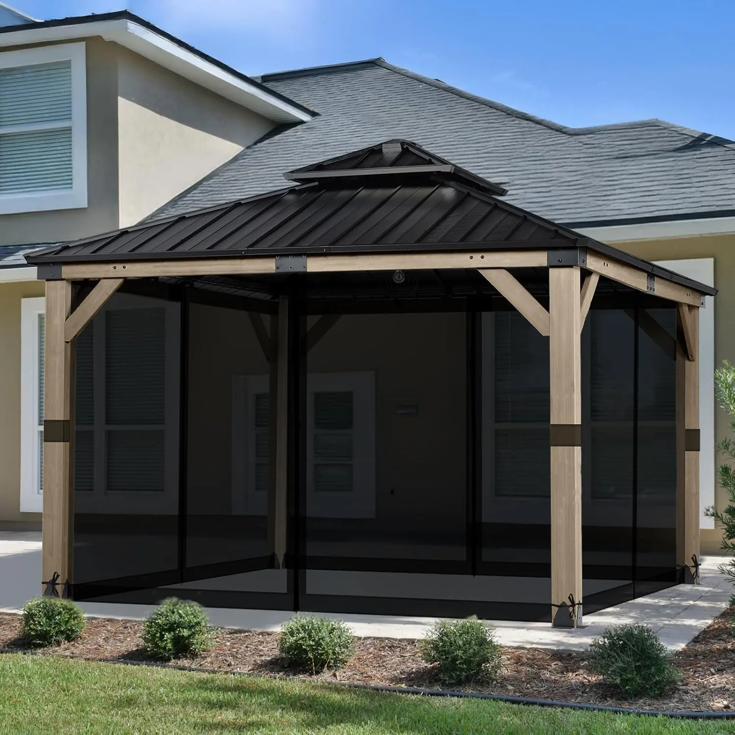 Aoodor Universal 10x10 ft Gazebo Mosquito Netting, Replacement 4-Panel Sidewalls with Double Zippers for Patio, Backyard, Deck, and Lawn (Netting Only, Black)