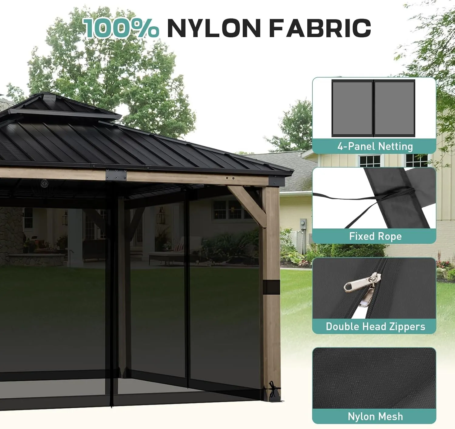 Aoodor Universal 10x10 ft Gazebo Mosquito Netting, Replacement 4-Panel Sidewalls with Double Zippers for Patio, Backyard, Deck, and Lawn (Netting Only, Black)