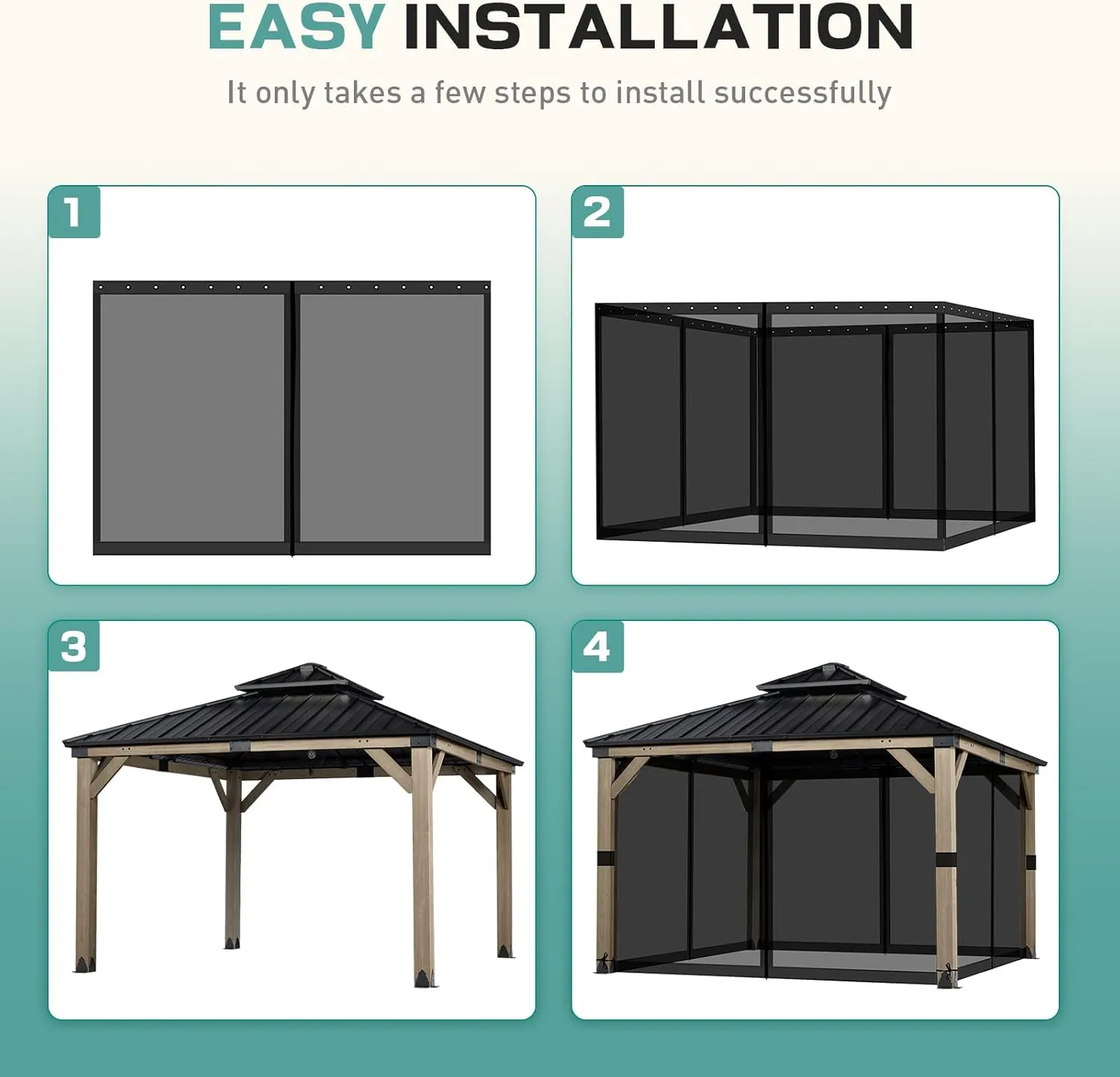 Aoodor Universal 10x10 ft Gazebo Mosquito Netting, Replacement 4-Panel Sidewalls with Double Zippers for Patio, Backyard, Deck, and Lawn (Netting Only, Black)