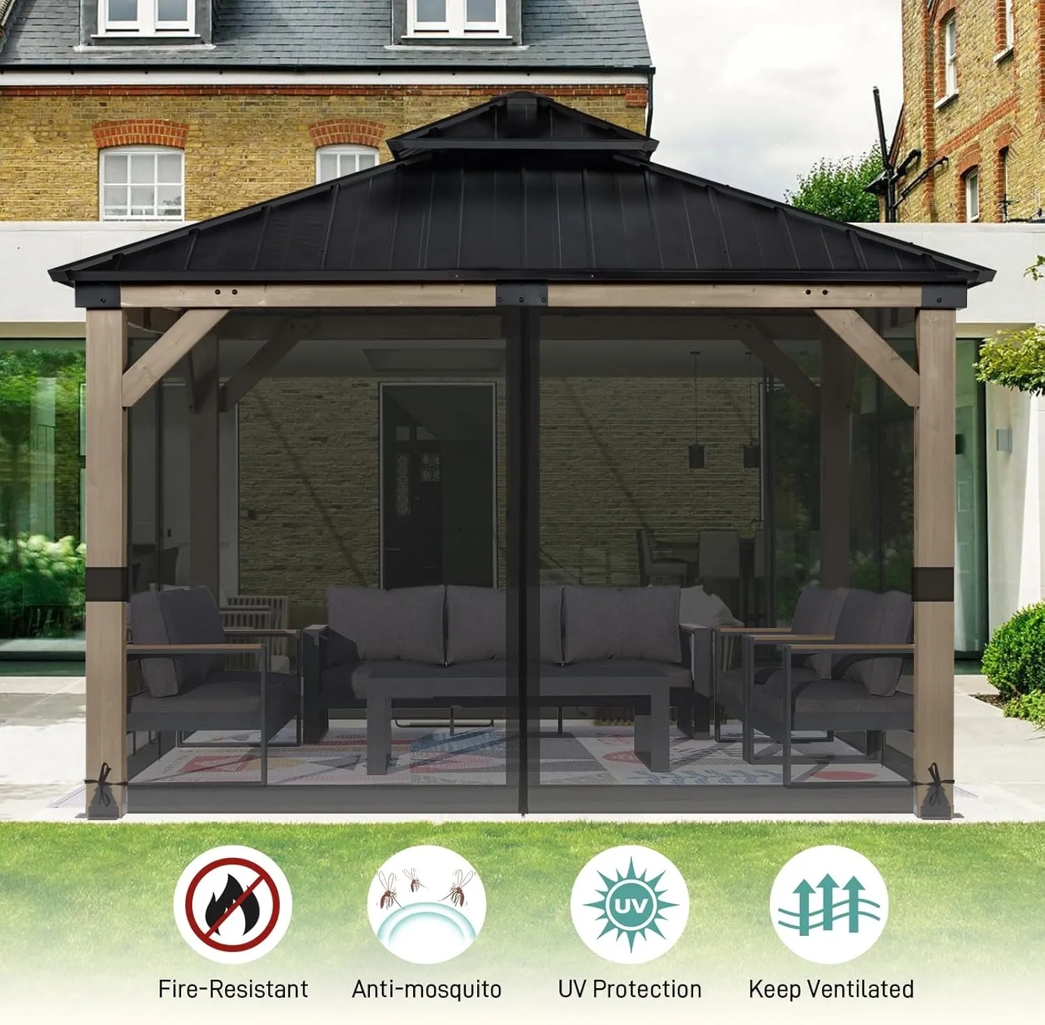 Aoodor Universal 10x10 ft Gazebo Mosquito Netting, Replacement 4-Panel Sidewalls with Double Zippers for Patio, Backyard, Deck, and Lawn (Netting Only, Black)
