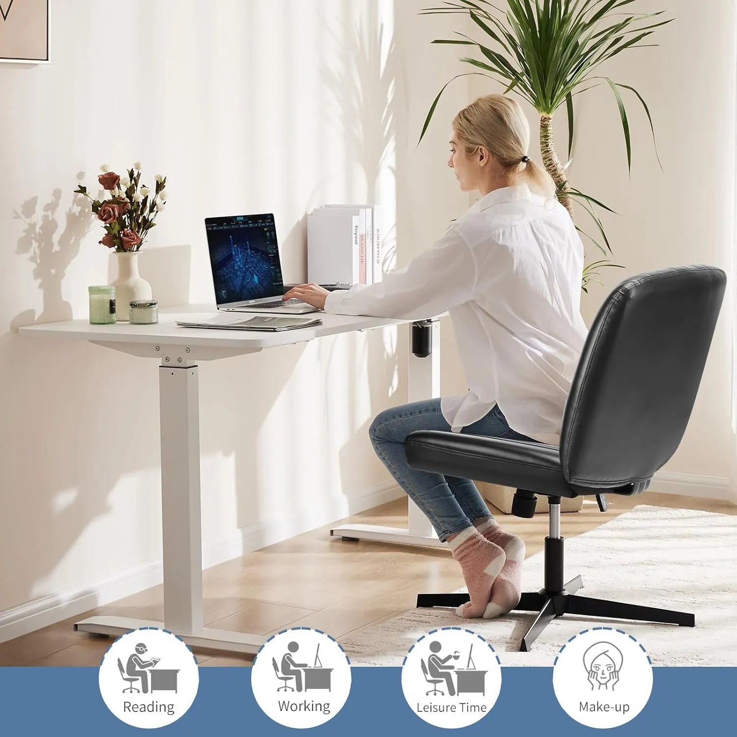Armless Criss Cross Office Desk Chair, Wide Comfy Vanity Chair with Back, Black Leather Stripe