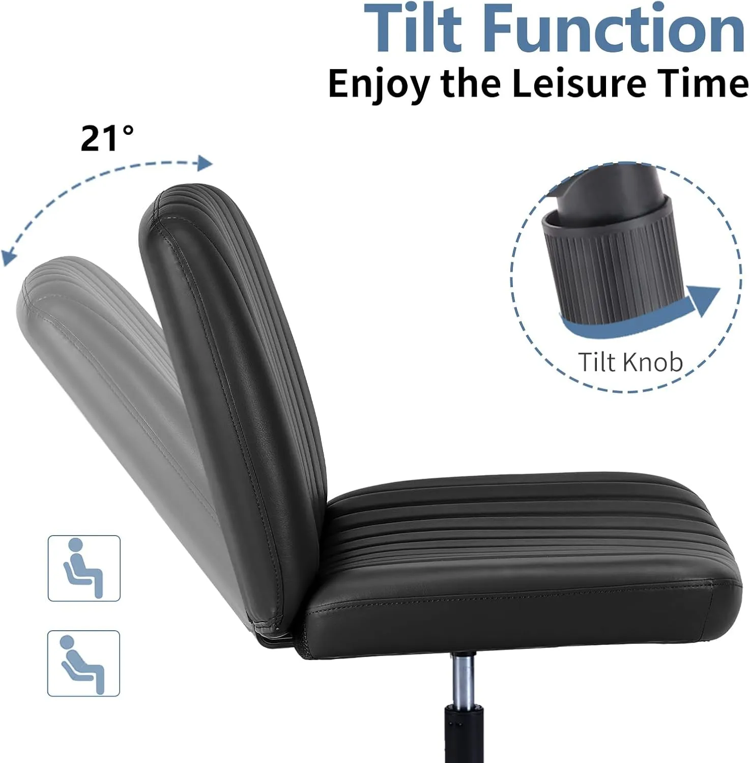 Armless Criss Cross Office Desk Chair, Wide Comfy Vanity Chair with Back, Black Leather Stripe