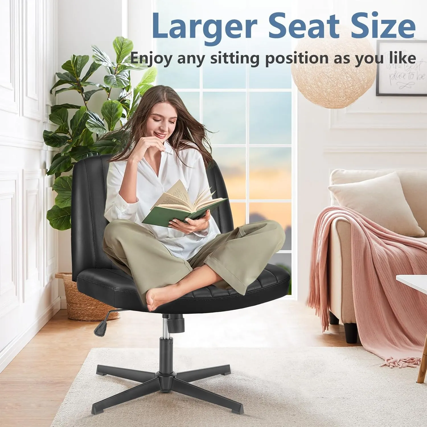 Armless Criss Cross Office Desk Chair, Wide Comfy Vanity Chair with Back, Black Leather Stripe