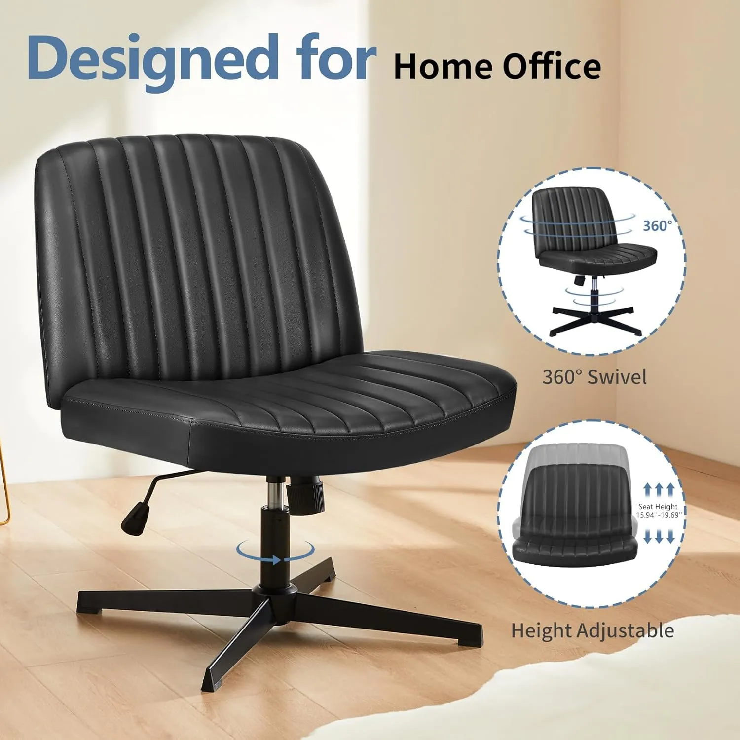 Armless Criss Cross Office Desk Chair, Wide Comfy Vanity Chair with Back, Black Leather Stripe