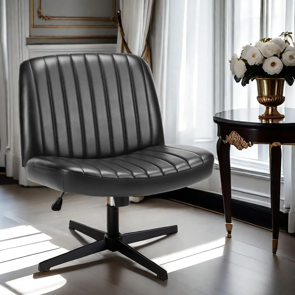 Armless Criss Cross Office Desk Chair, Wide Comfy Vanity Chair with Back, Black Leather Stripe