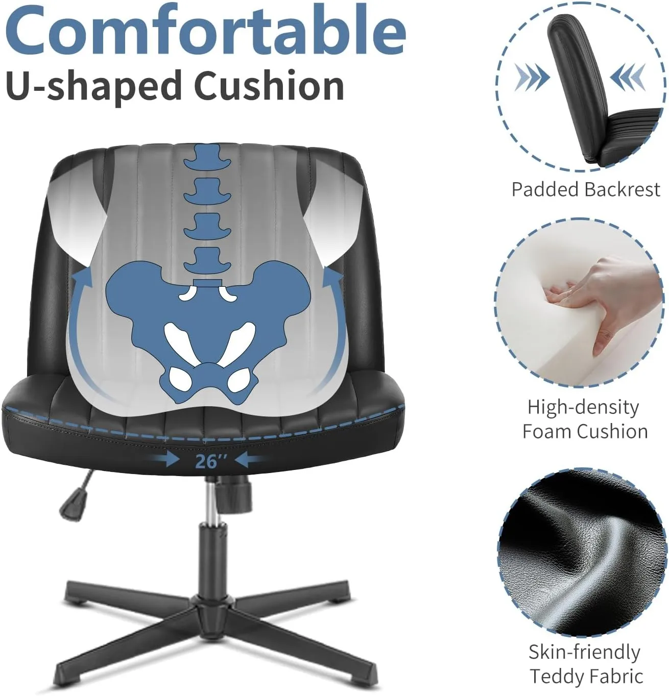 Armless Criss Cross Office Desk Chair, Wide Comfy Vanity Chair with Back, Black Leather Stripe