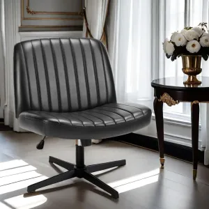 Armless Criss Cross Office Desk Chair, Wide Comfy Vanity Chair with Back, Black Leather Stripe
