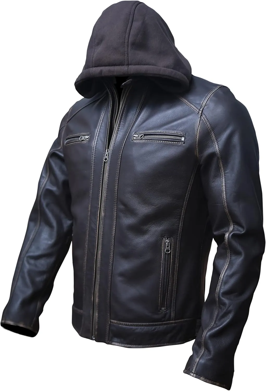 Artistry Mens Genuine Lambskin Leather Motorcycle Jacket with Removable Hood in Black Brown
