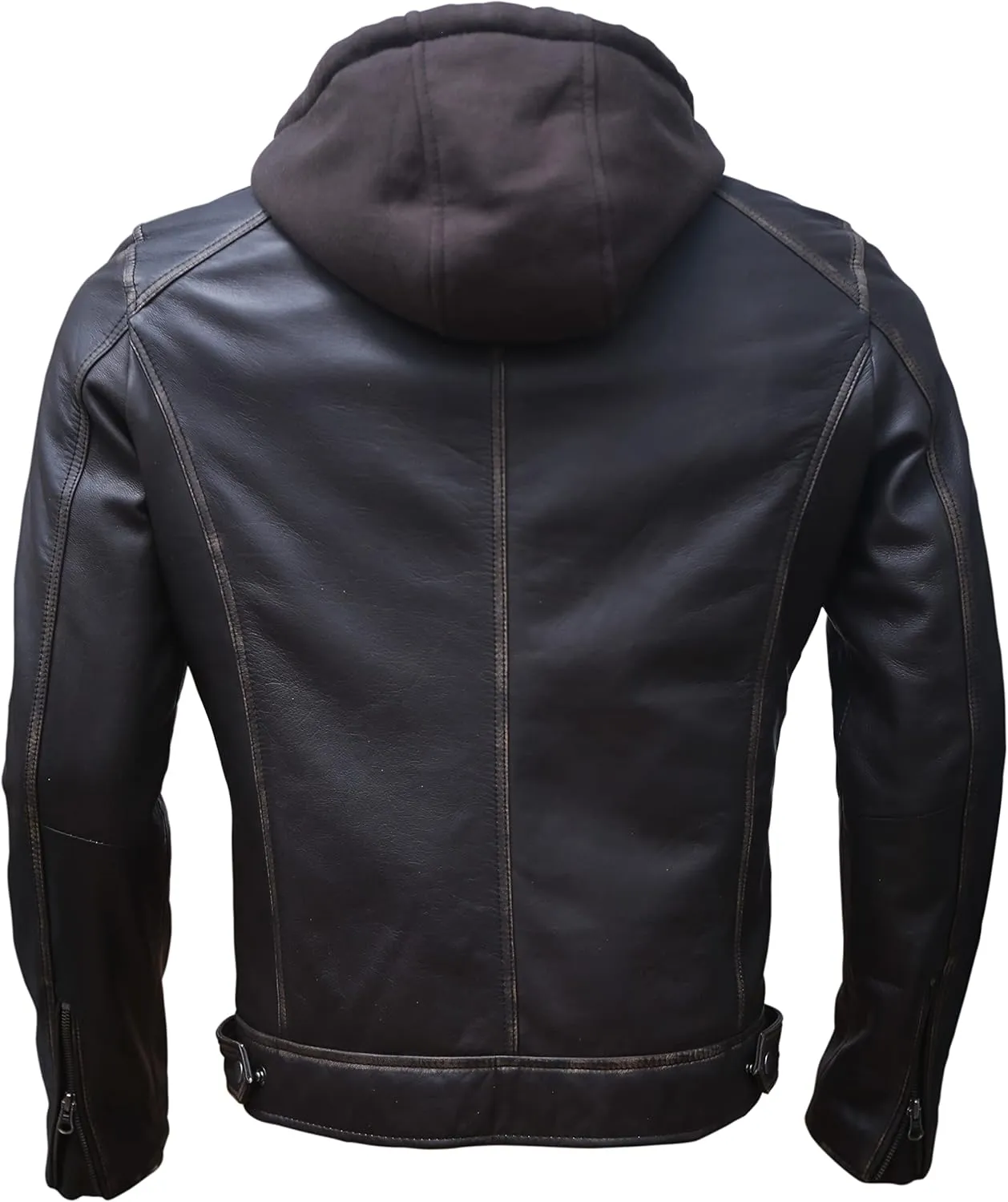 Artistry Mens Genuine Lambskin Leather Motorcycle Jacket with Removable Hood in Black Brown
