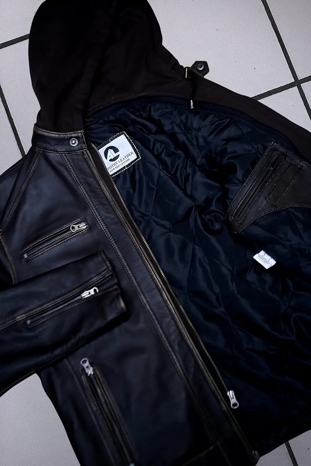 Artistry Mens Genuine Lambskin Leather Motorcycle Jacket with Removable Hood in Black Brown