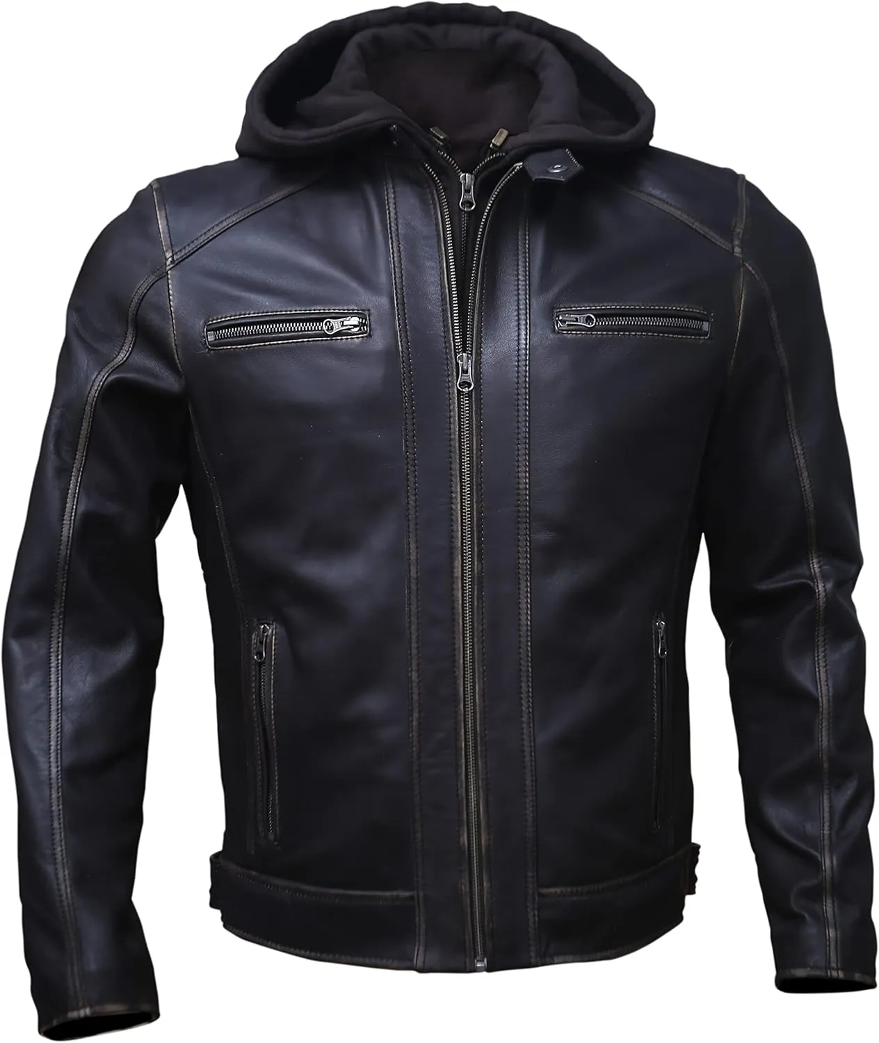 Artistry Mens Genuine Lambskin Leather Motorcycle Jacket with Removable Hood in Black Brown