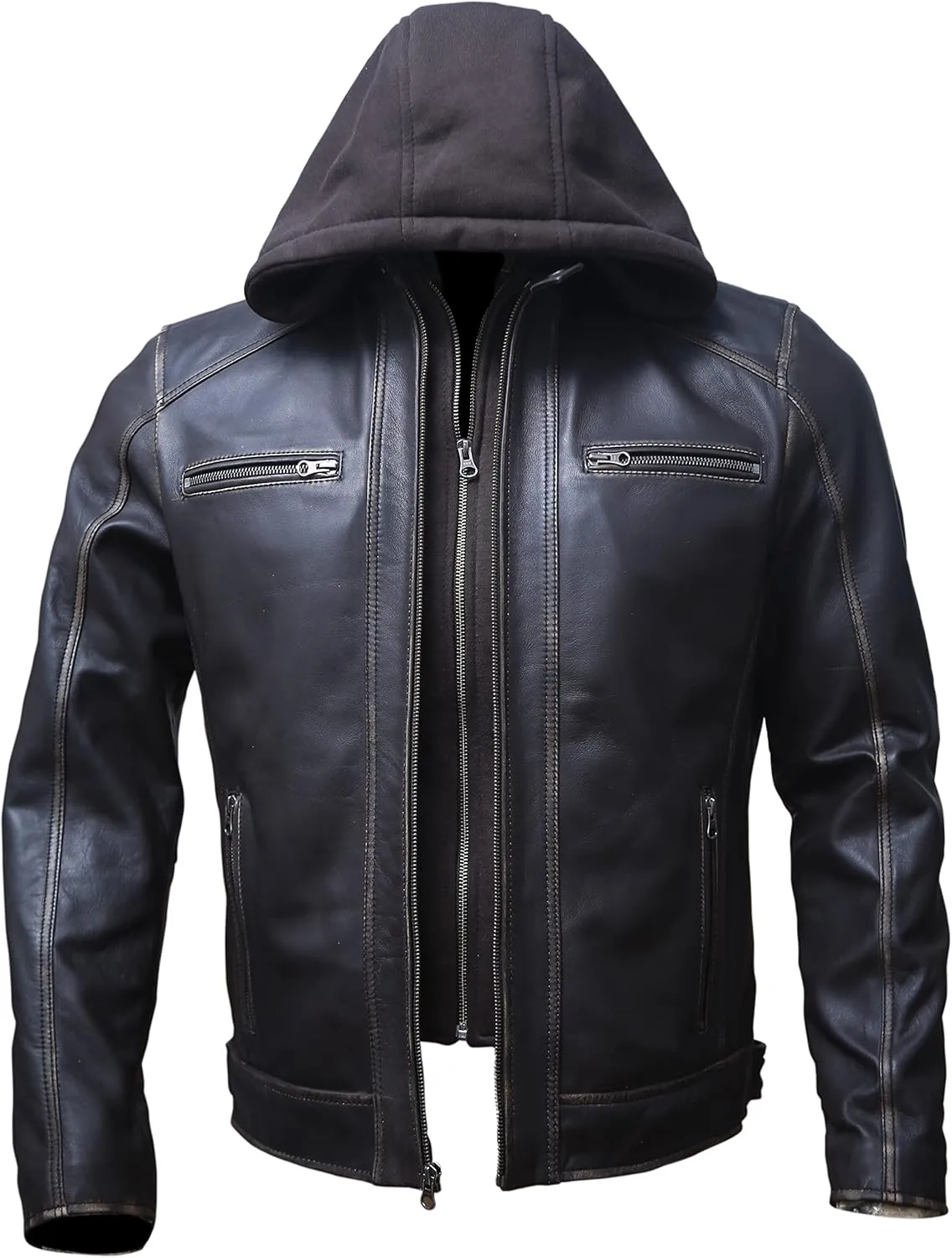 Artistry Mens Genuine Lambskin Leather Motorcycle Jacket with Removable Hood in Black Brown