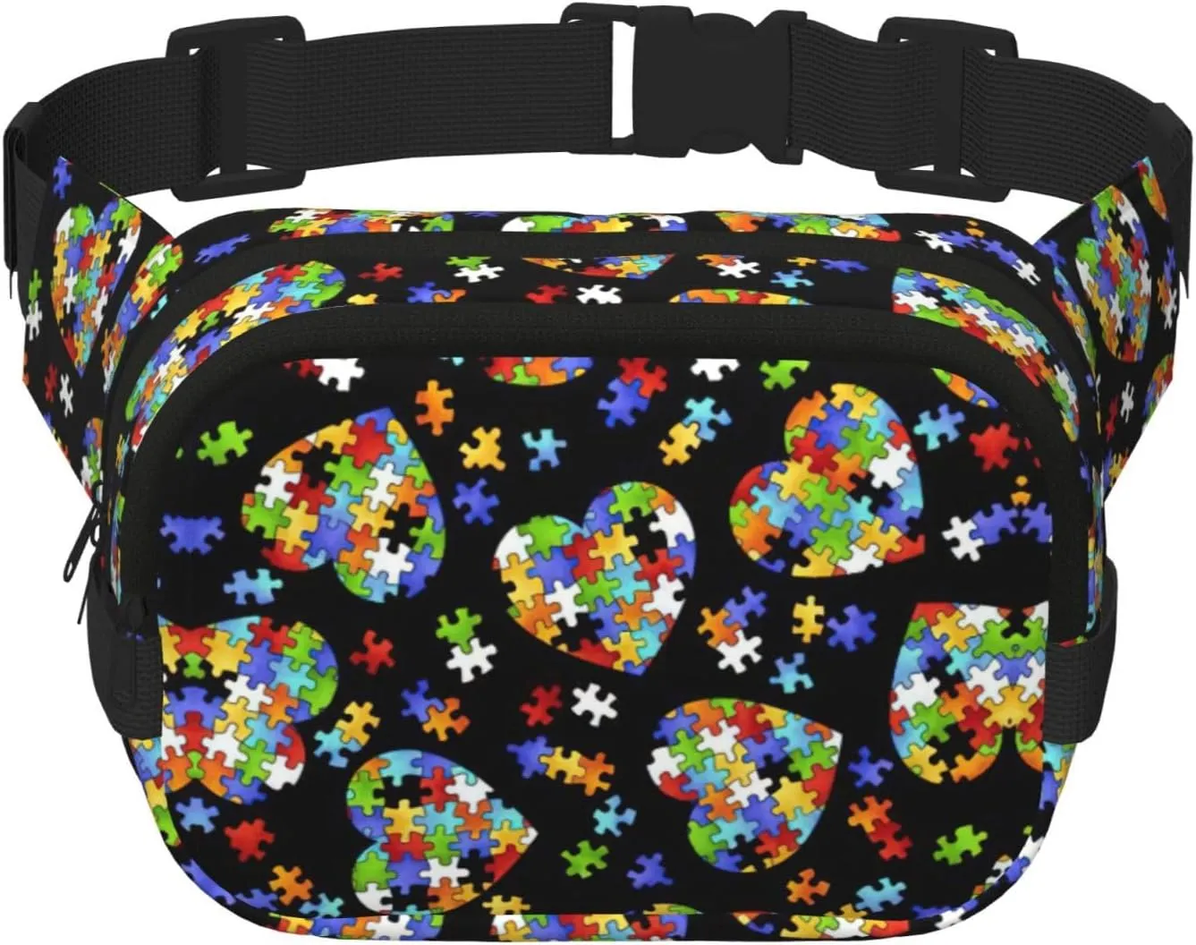 Autism Awareness Puzzle Pieces Heart print Everywhere Fanny Pack Purse with Adjustable Straps for Casual Travel Hiking Outdoor Sports