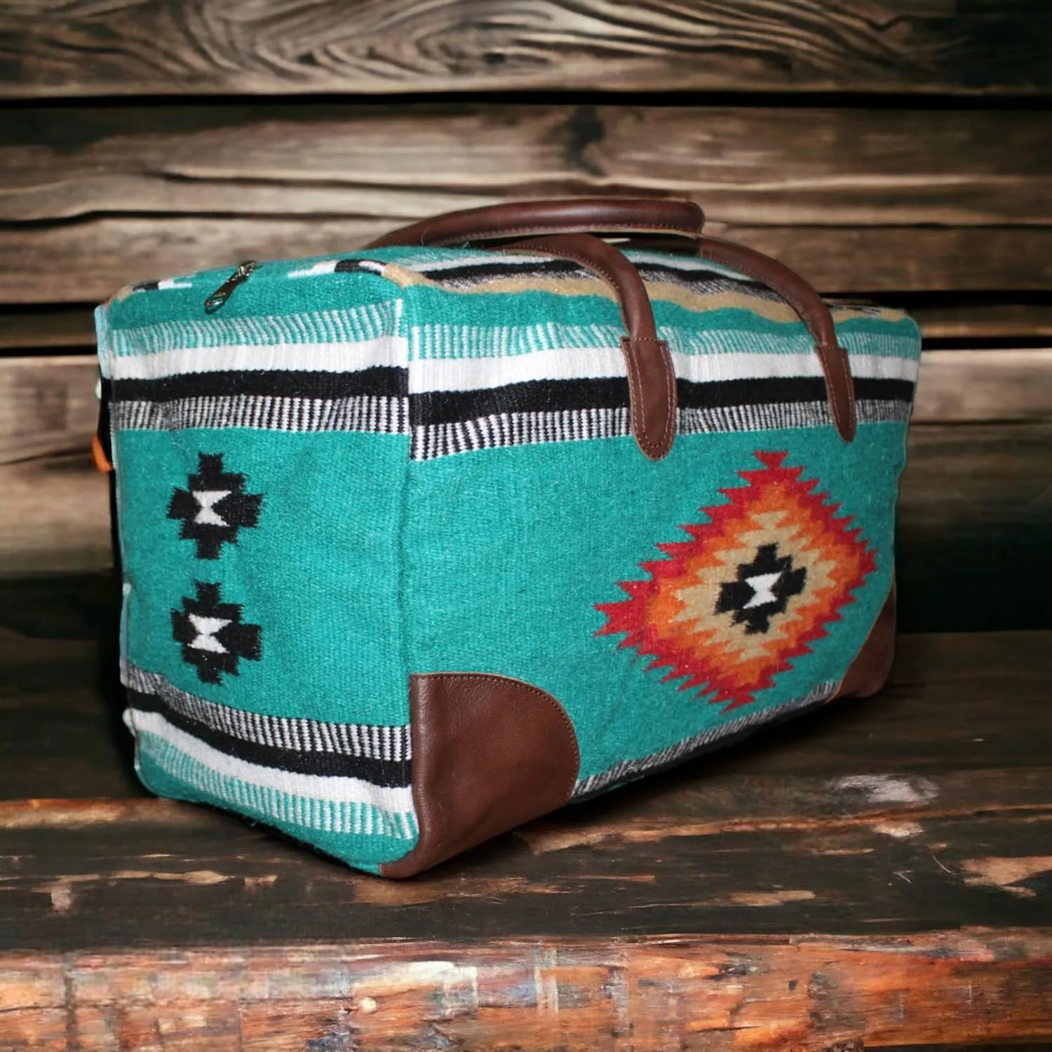 Aztec Large Weekender Southwestern Duffel Bag Saddle Blanket Bag 100% Leather Handles (Kelsey)