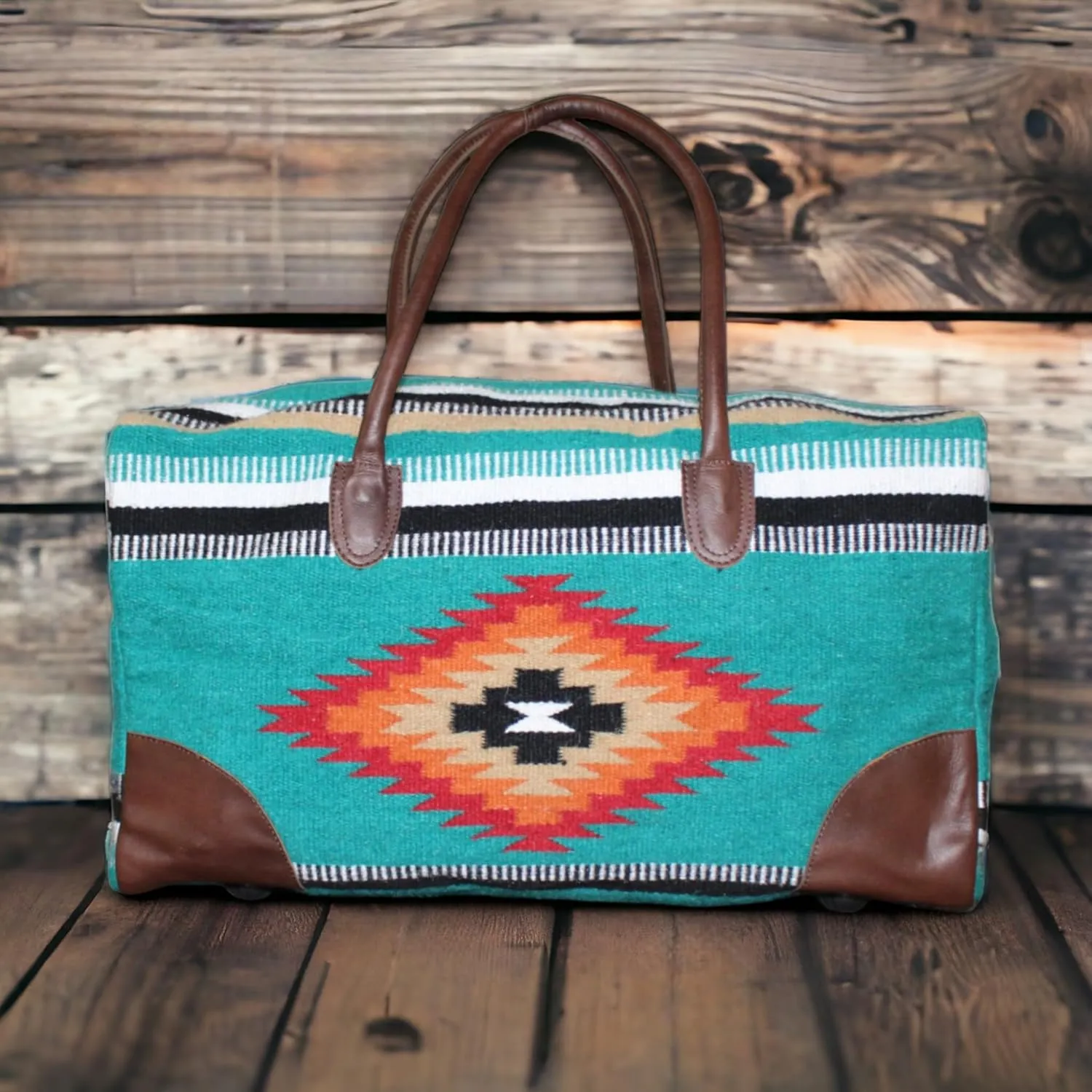 Aztec Large Weekender Southwestern Duffel Bag Saddle Blanket Bag 100% Leather Handles (Kelsey)