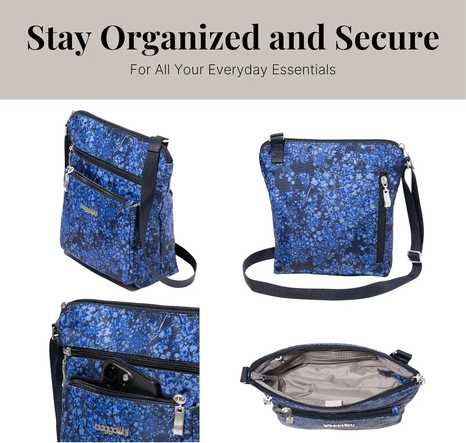 Baggallini Pocket Crossbody Bags for Women 8x8 Small Lightweight Durable Nylon Water-resistant Travel Purse W/Rfid Wristlet